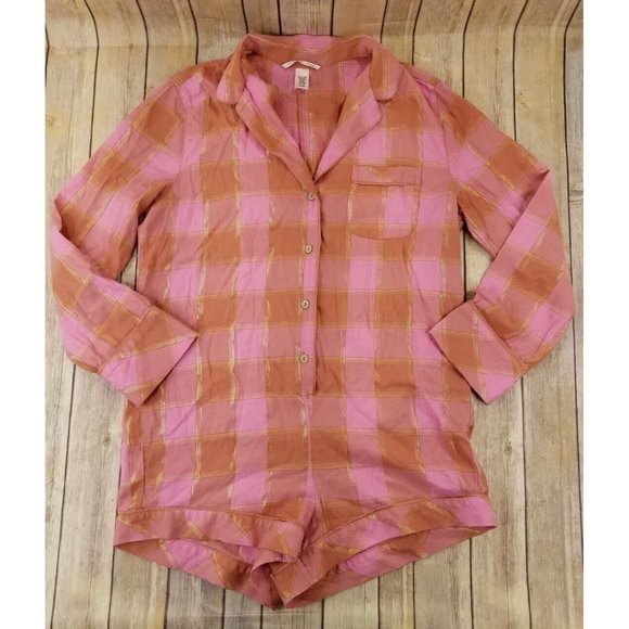 Victoria's Secret Pants - Victoria's Secret Women’s Long Sleeve Button-Up Pajama Romper S Pink Plaid B19